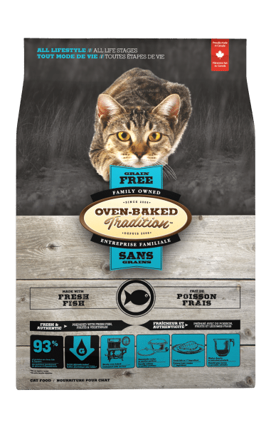 Nourriture sans grains au poisson pour chat, hypoallergénique et lentement cuite au four – Oven-Baked Tradition.