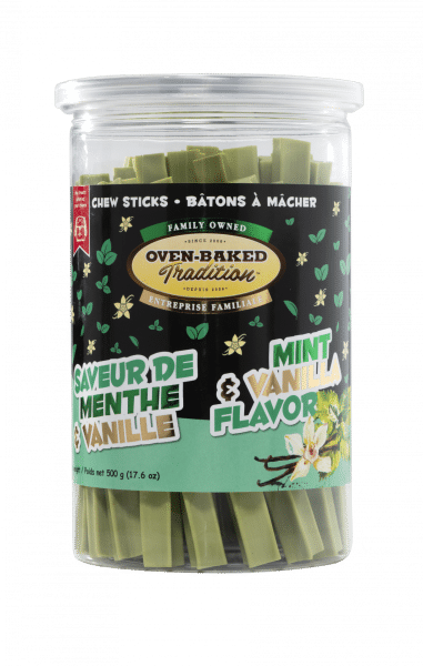 Bâtons à mâcher naturels pour chien à saveur de menthe et vanille, qui aident à nettoyer les dents