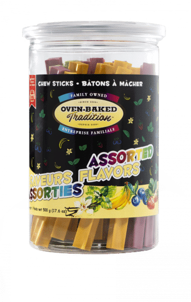 All natural chew sticks 500 g for dogs, assorted flavors including banana, help clean teeth