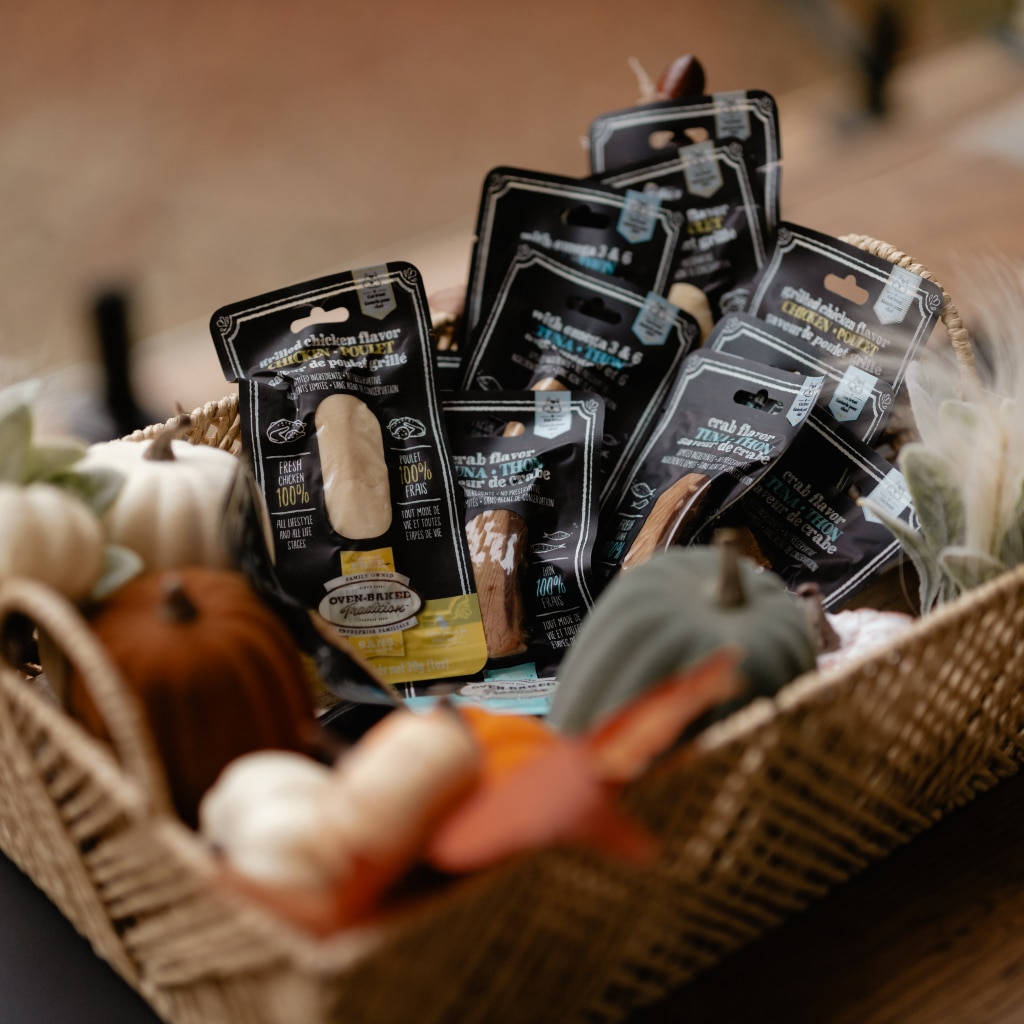 Oven-Baked Tradition grain-free cat fillets with crab, grilled chicken, and tuna served in an autumn basket