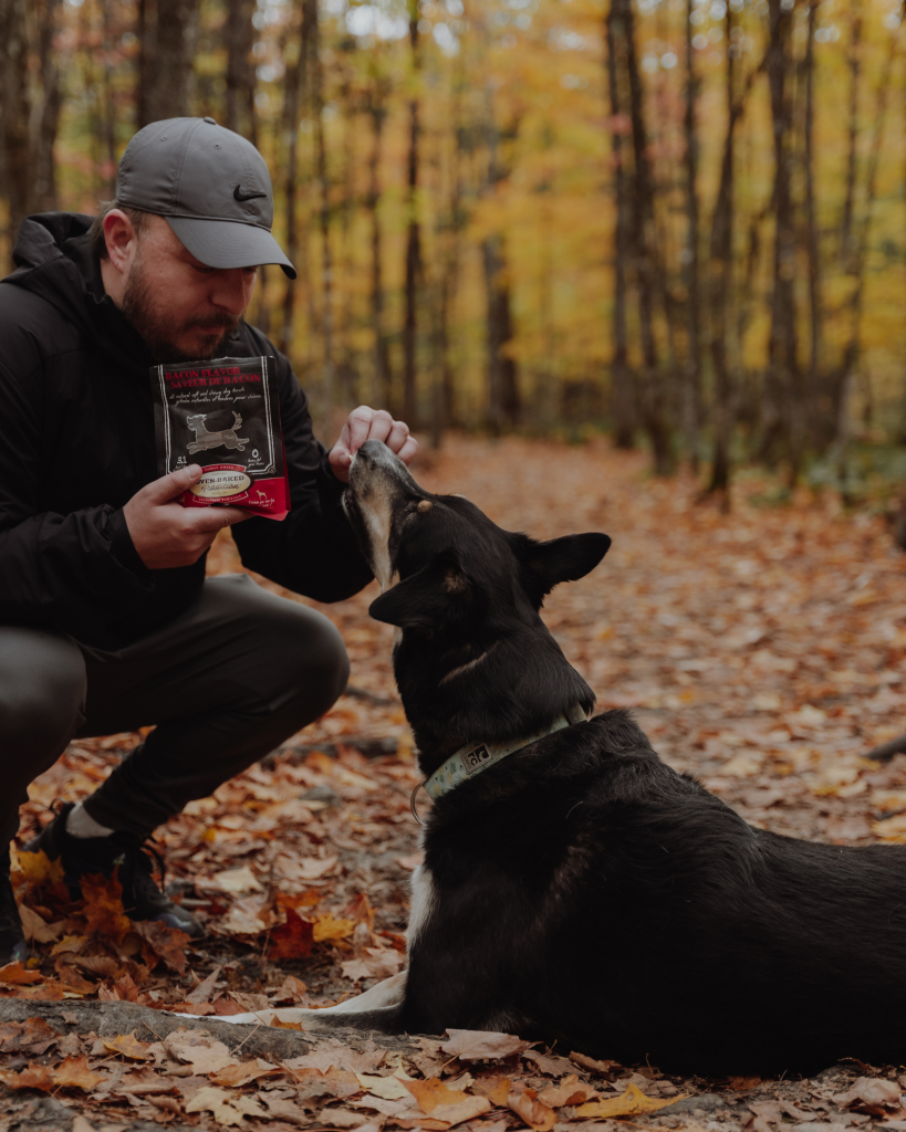 Man training his dog in the forest with Oven-Baked Tradition dog training treats, All Natural Soft & Chewy Treats for Dogs – Bacon, made in Canada and baked in the oven