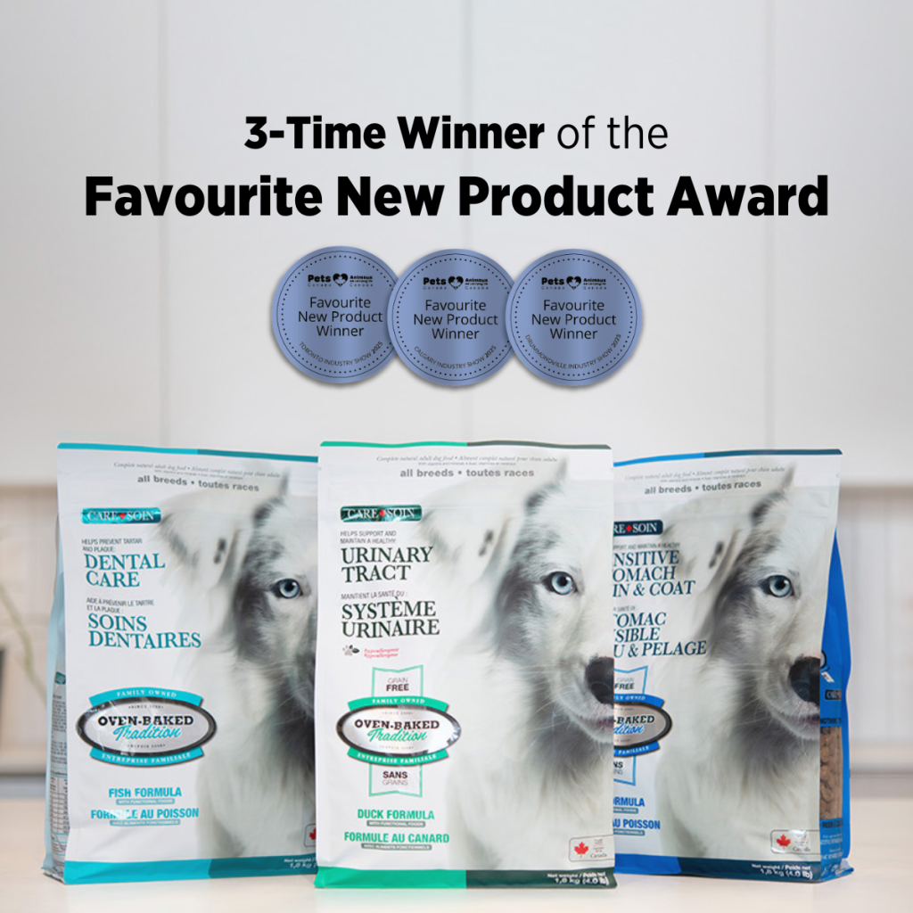 Three bags of Oven-Baked Tradition Care preventive dog food for urinary, dental, sensitive stomach, and coat health – Pets Canada 2025 award winner