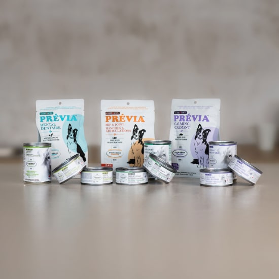 New Care products for dogs and cats featuring Previa functional treats and specialized Care wet food recipes from Oven-Baked Tradition, proudly Canadian